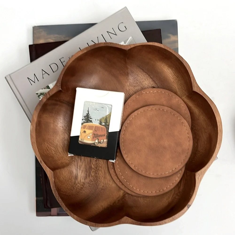 Vintage MCM Genuine Monkey Pod Wooden Bowl with 5-Piece Wood Fruit Home …